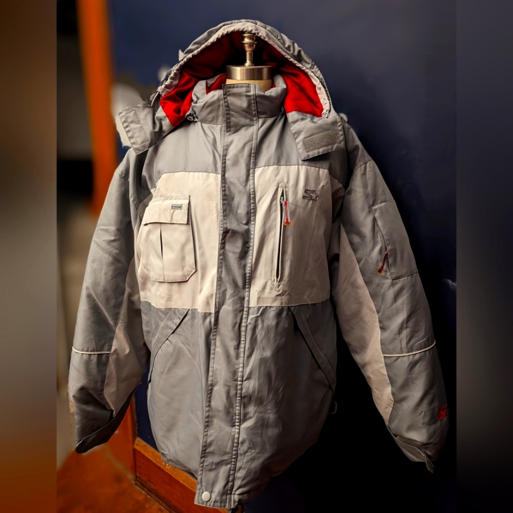 Mens Down Feather Jacket Size Large XL Removable Hood Starter Grey
